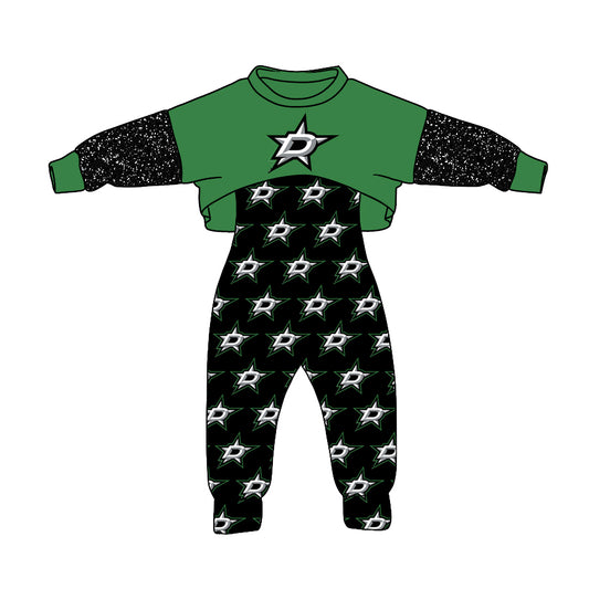 (Custom Design MOQ 5)  Black Football Team's Girls Jumpsuits Clothes Set