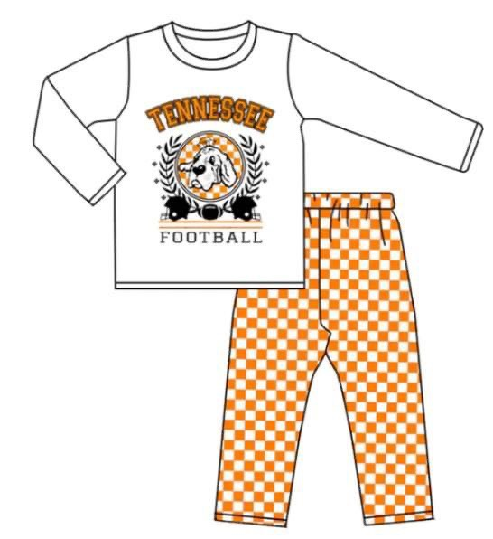 (Custom Design MOQ 5) Football Team's Orange Plaid Pants Boys Clothes Set