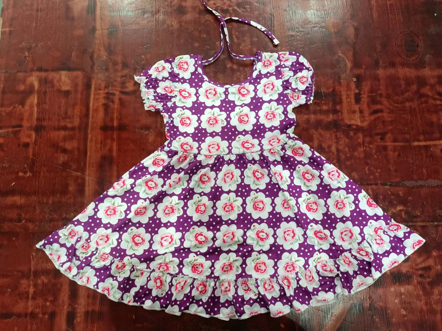 (Custom Design Preorder MOQ 5) Purple Flowers Print Girls Knee Length Dress