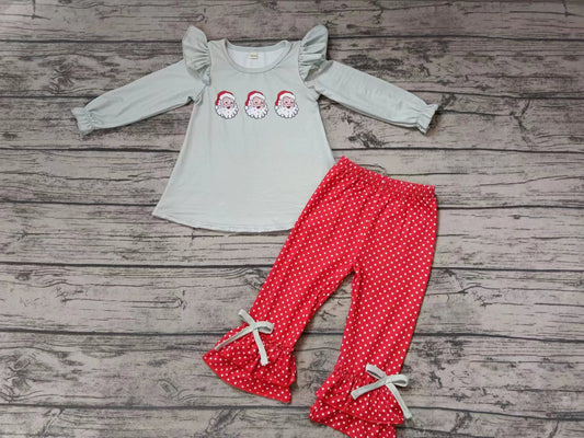 (Custom Design MOQ 5)  Santa Top Red Dots Pants Girls Christmas Clothes Set