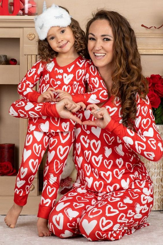 (Custom Design MOQ 5) Adult Red Heart Print Woman Valentine's Pajamas Clothes Set