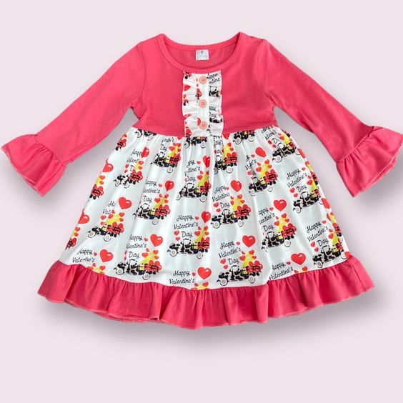 (Custom Design MOQ 5) Happy Valentine's Day Truck Heart Print Girls Knee Length Dress