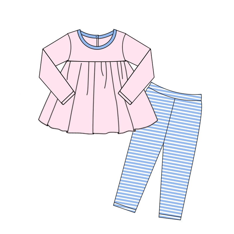 (Custom Design MOQ 5)  Pink Tunic Blue Stripes Legging Pants Girls Clothes Set