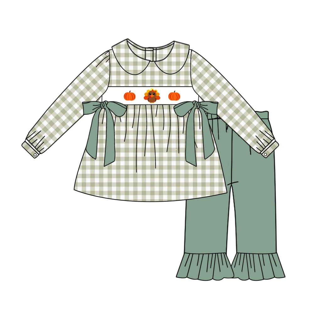 (Custom Design MOQ 5)  Turkey Pumpkin Tunic Top Green Pants Girls Thanksgiving Clothes Set