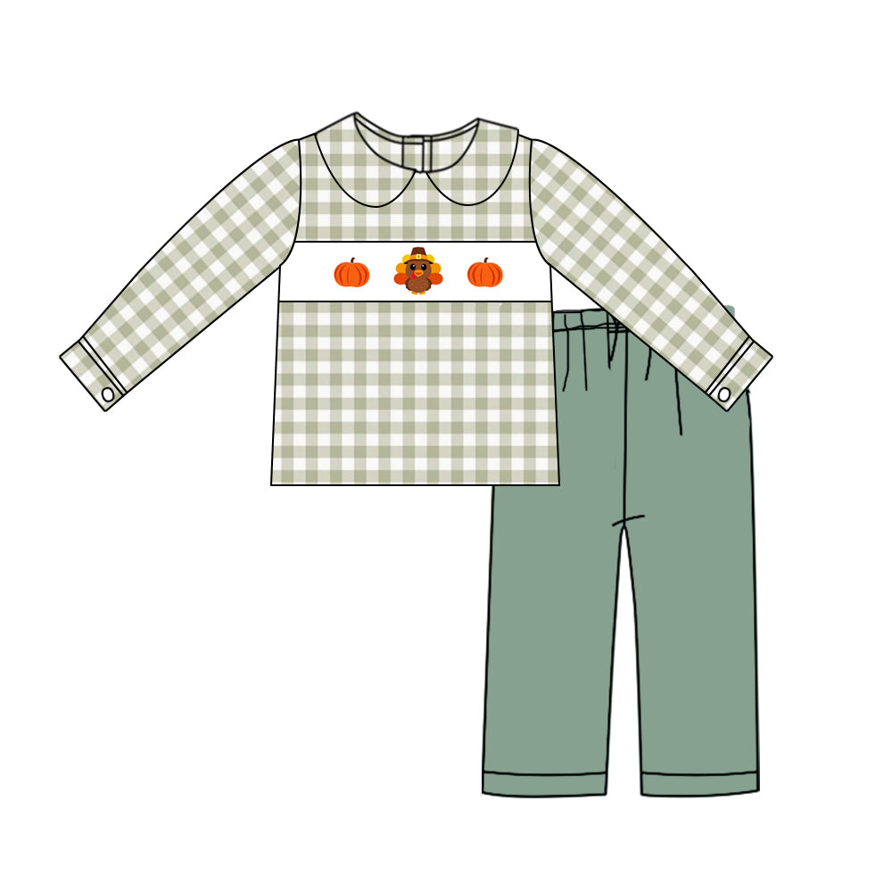 (Custom Design MOQ 5)  Turkey Pumpkin Top Green Pants Boys Thanksgiving Clothes Set