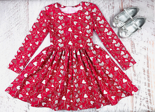 (Custom Design MOQ 5)  Red Heart Print Girls Knee Length Valentine's Dress