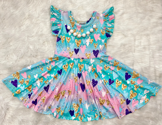 (Custom Design MOQ 5)  Flutter sleeve Heart Tie-dye Print Girls Knee Length Valentine's Dress