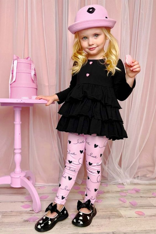 (Custom Design MOQ 5) Black Tunic Top Pink Legging Pants Girls Valentine's Clothes Set