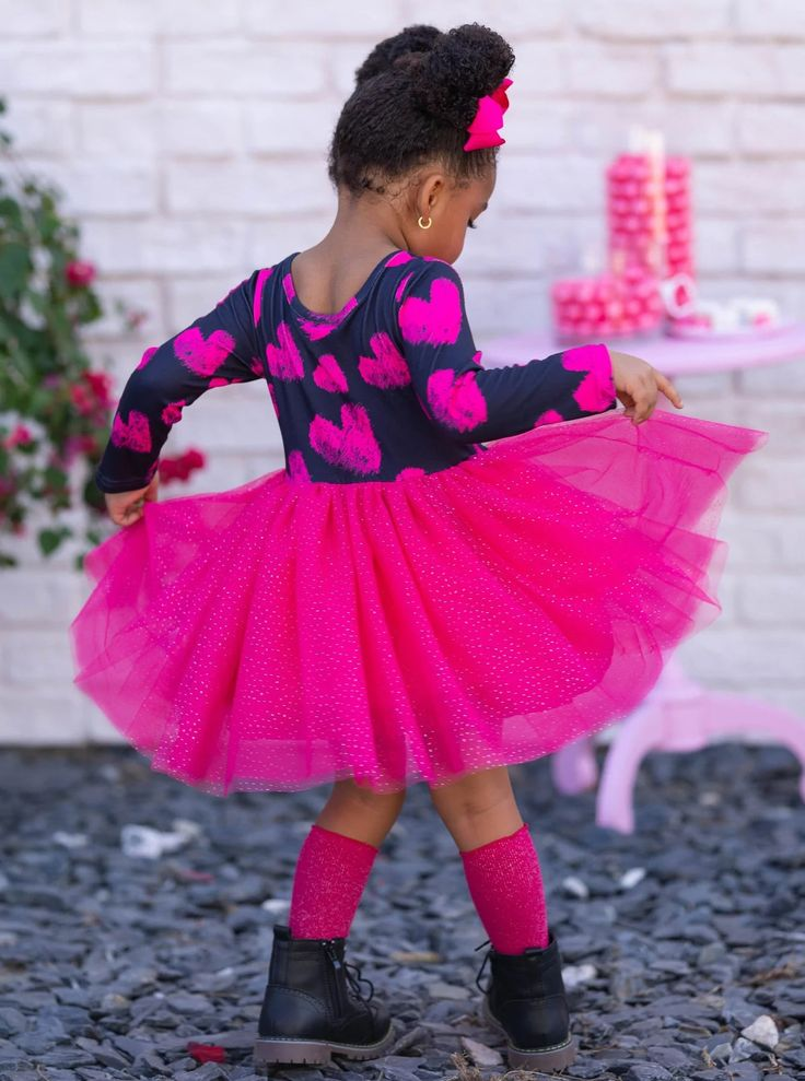 (Custom Design MOQ 5)  Hot Pink Heart Print Navy Girls Knee Length Valentine's Tulle Dress