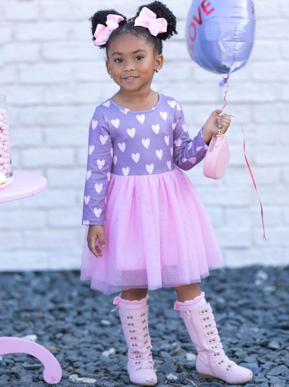 (Custom Design MOQ 5)  Light Purple Heart Print Girls Knee Length Valentine's Pink Tulle Dress