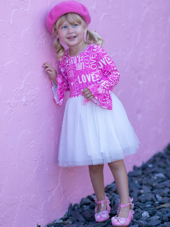 (Custom Design MOQ 5) Pink LOVE Print Girls Knee Length Valentine's White Tulle Dress