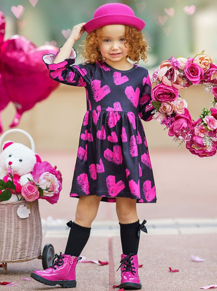 (Custom Design MOQ 5)  Hot Pink Heart Print Navy Girls Knee Length Valentine's Dress