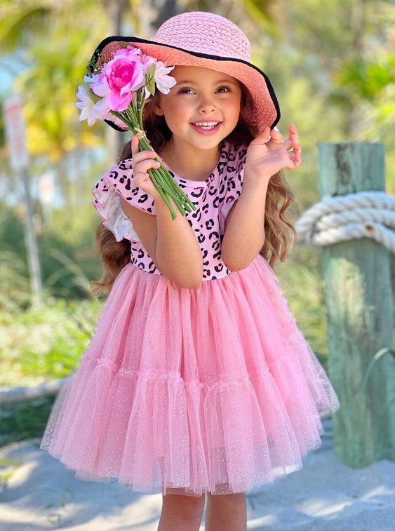 (Custom Design MOQ 5) Pink Leopard Print Girls Knee Length Valentine's Tulle Dress