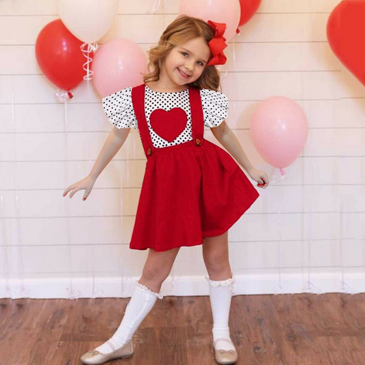 (Custom Design MOQ 5) Black Dots Red Heart Top Red Suspender Skirt Girls Valentine's Clothes Set