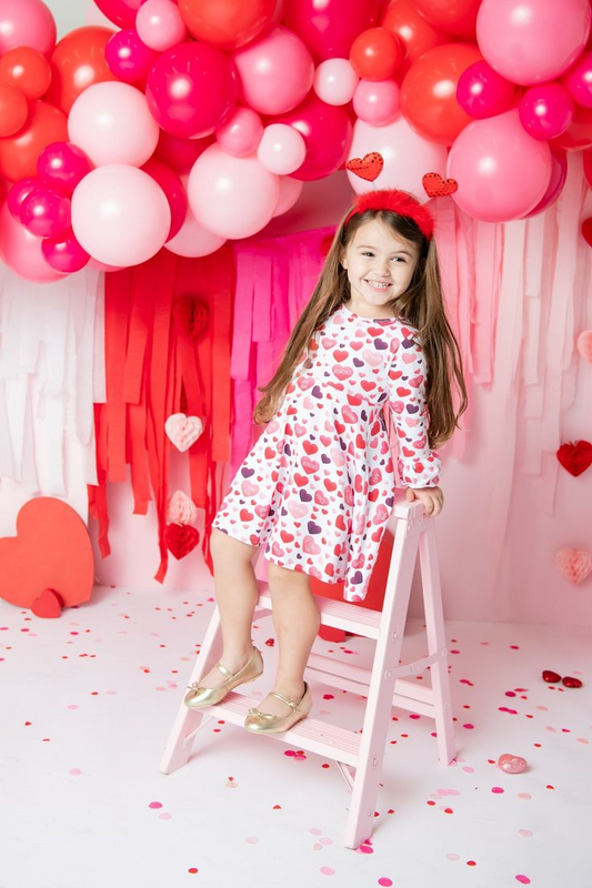 (Custom Design MOQ 5)  Red Purple Heart Print Girls Knee Length Valentine's Dress