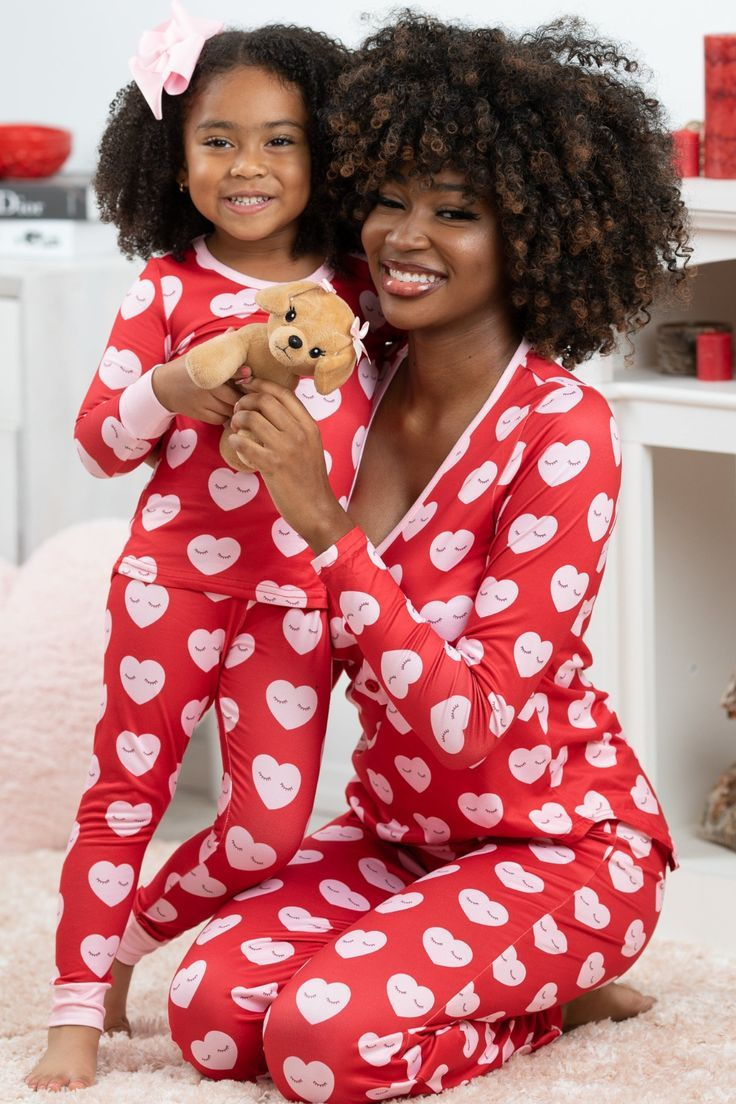 (Custom Design MOQ 5) Pink Heart Print Girls Valentine's Pajamas Clothes Set