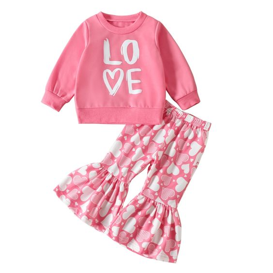 (Custom Design MOQ 5) Pink Love Heart Bell Pants Girls Valentine's Clothes Set