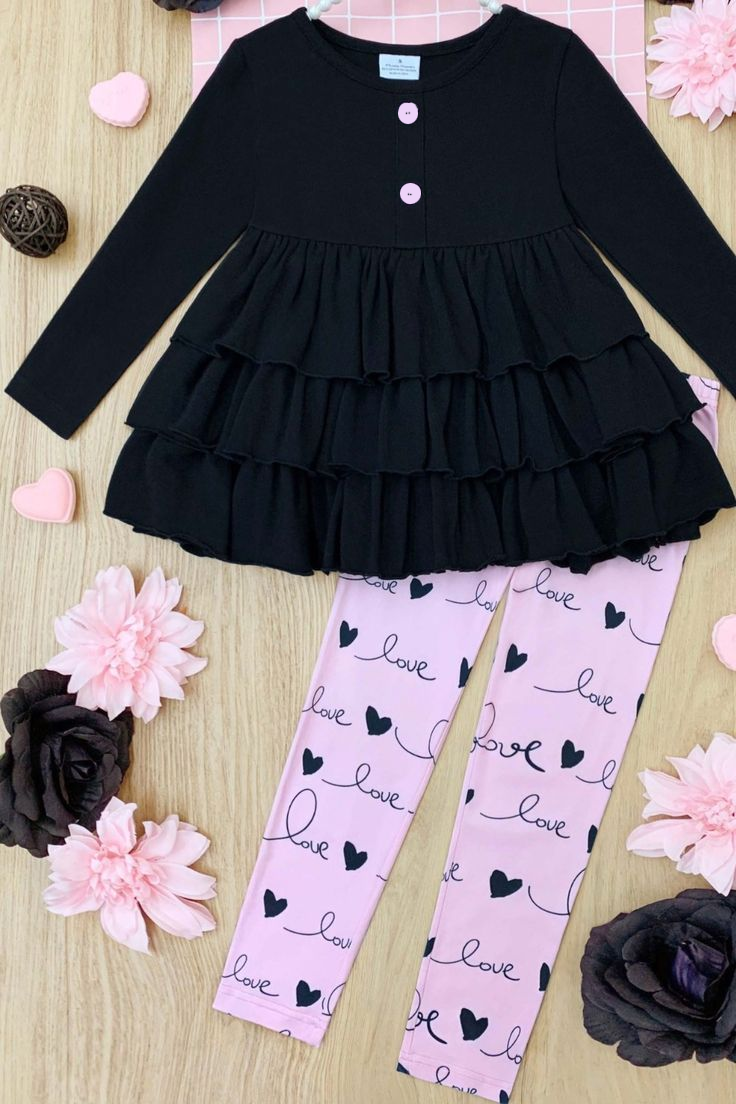 (Custom Design MOQ 5) Black Tunic Top Pink Legging Pants Girls Valentine's Clothes Set