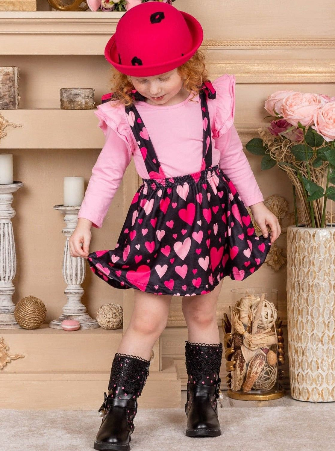 (Custom Design MOQ 5) Pink Top Heart Suspender Skirt Girls Valentine's Clothes Set