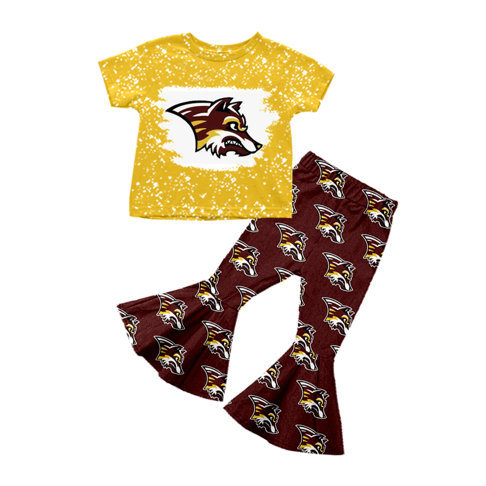 (Custom Design MOQ 5)  Yellow Top Football Team's Brown Bell Pants Girls Clothes Set