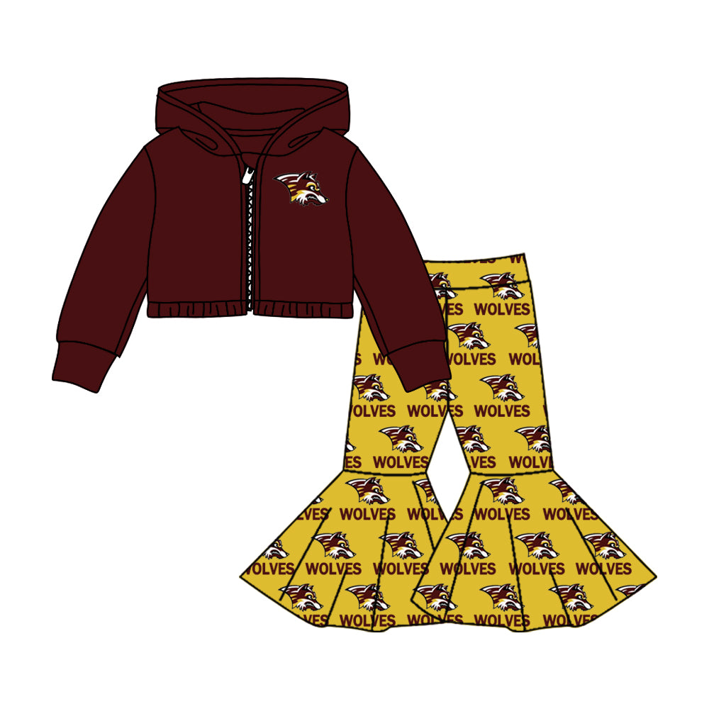 (Custom Design MOQ 5) Football team's yellow bell pants Brown hoodie jacket top girls clothes set