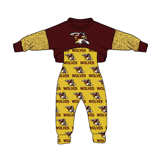 (Custom Design MOQ 5) Yellow Football Team's Girls Jumpsuits Clothes Set