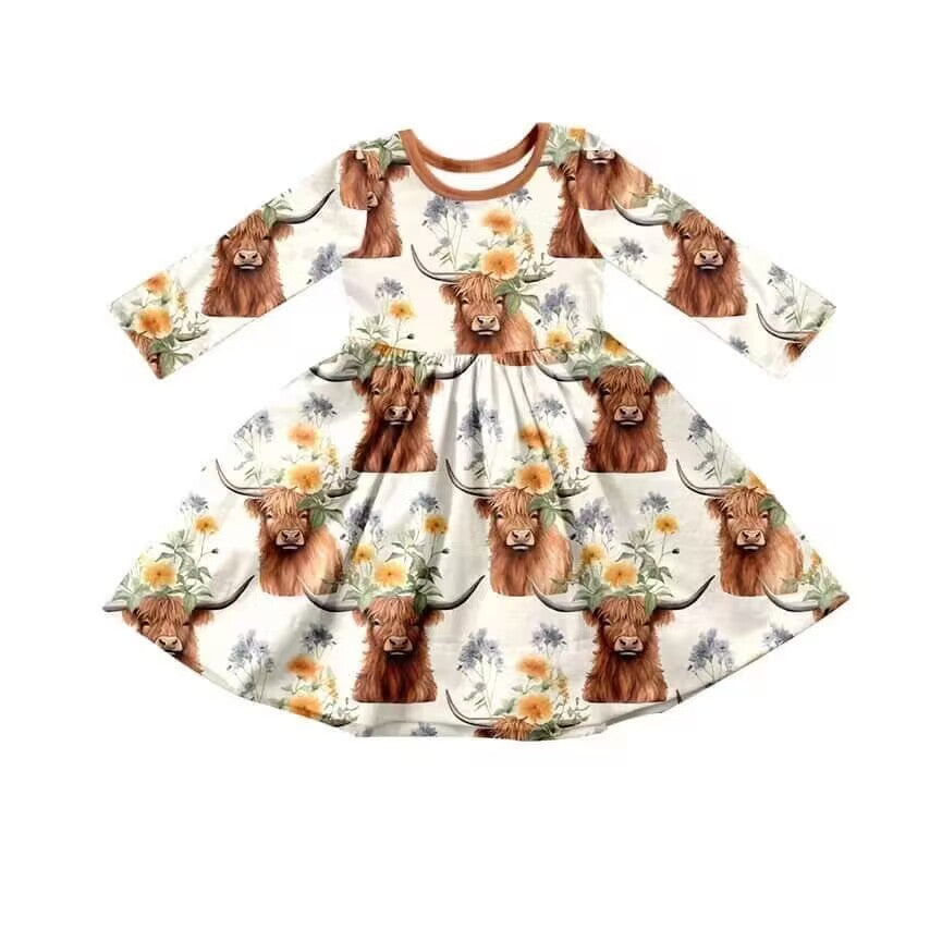 (Custom Design MOQ 5) Highland Cow Print Girls Knee Length Dress