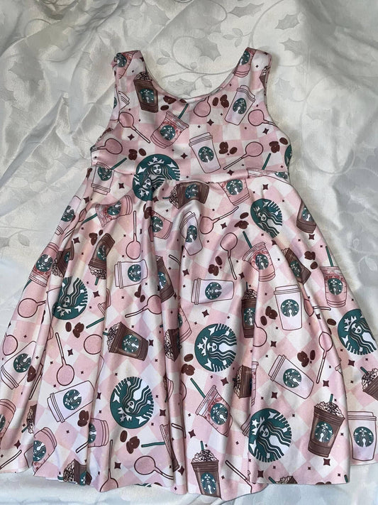 (Custom Design MOQ 5)  Pink Coffee Print Girls Knee Length Dress