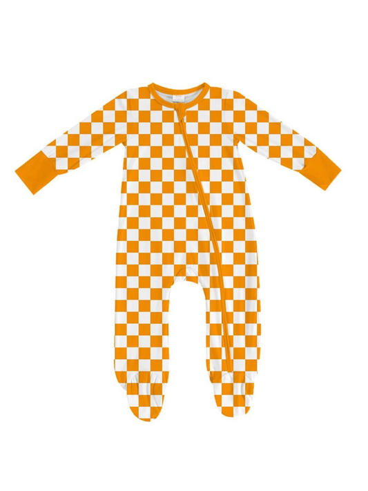 (Custom Design MOQ 5) Orange Plaid Print Baby Zipper Footed Romper