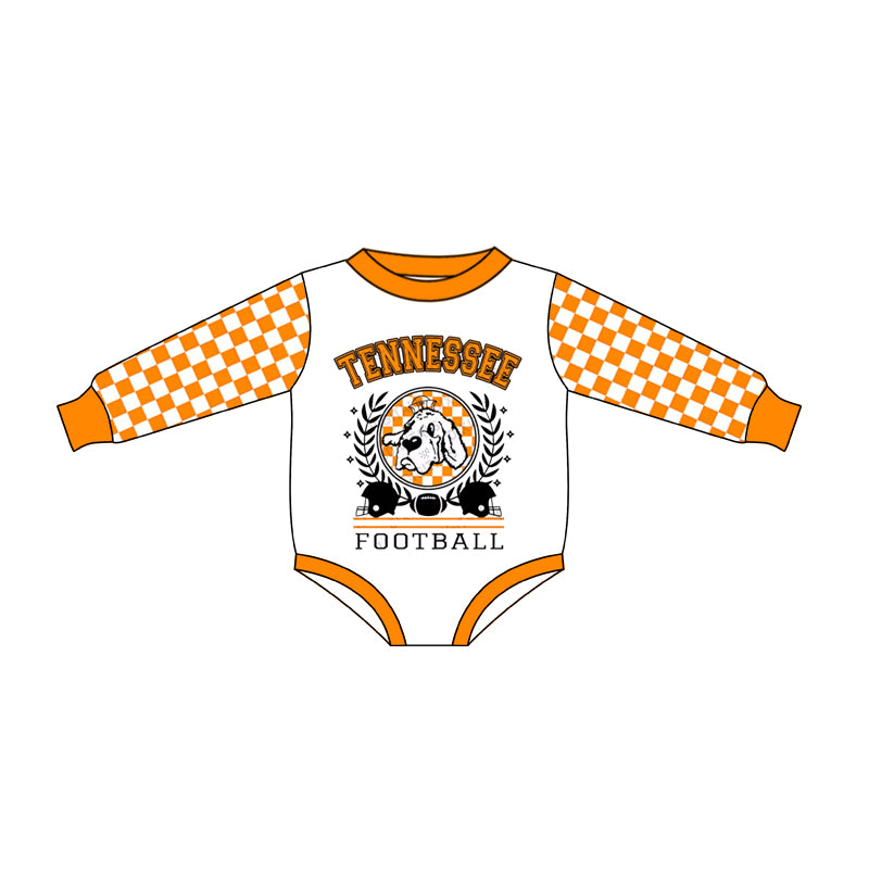 (Custom Design MOQ 5) Orange Plaid Football Team's Print Baby Romper