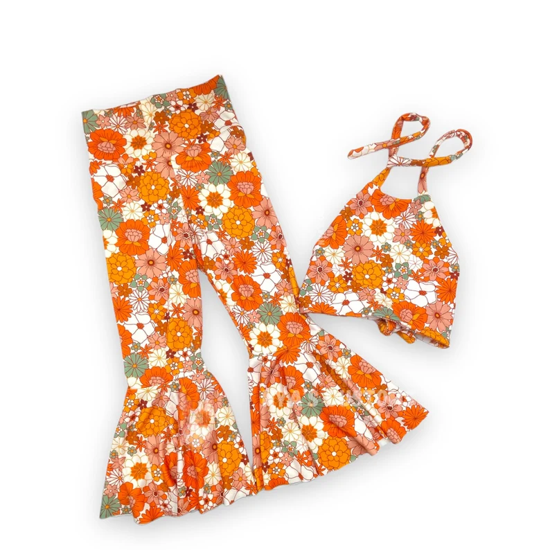 (Custom Design MOQ 5) Orange Flowers Bell Pants Girls Clothes Set