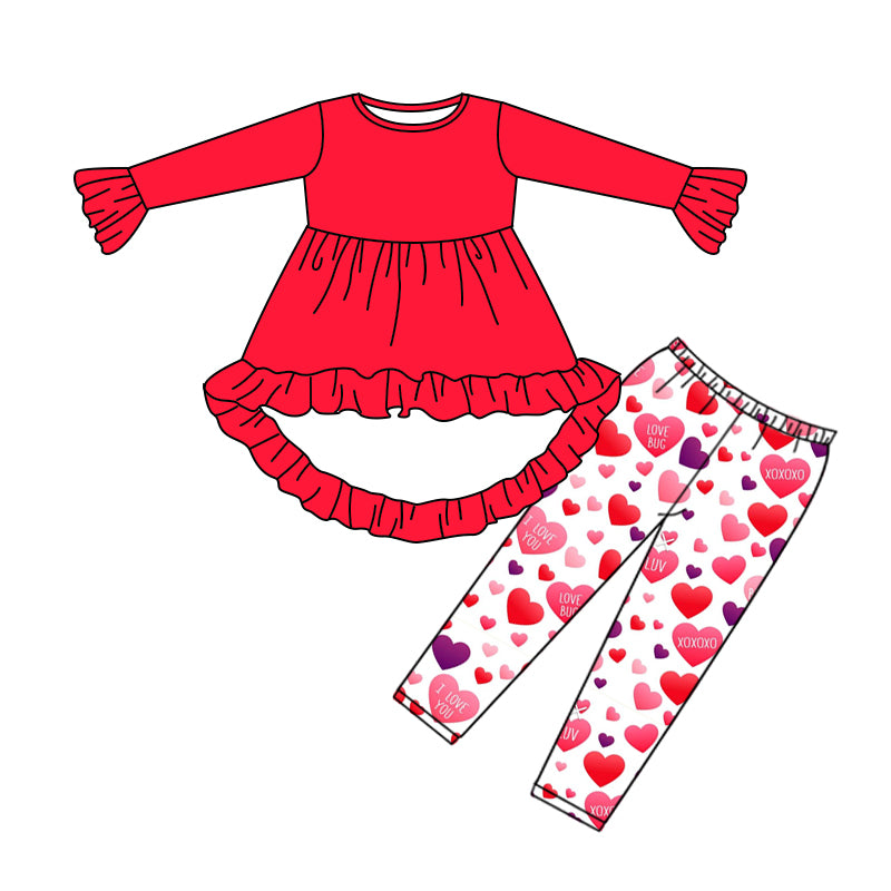 (Custom Design MOQ 5) Red Tunic Top Purple Pink Heart Legging Pants Girls Valentine's Clothes Set