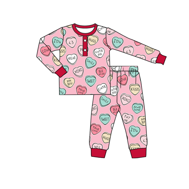 (Custom Design MOQ 5) XOXO Heart Print Pink Girls Valentine's Pajamas Clothes Set