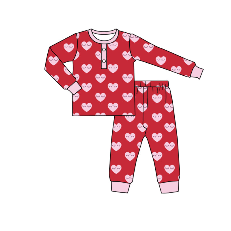 (Custom Design MOQ 5) Pink Heart Print Girls Valentine's Pajamas Clothes Set