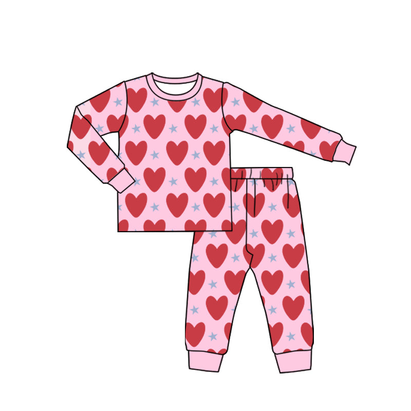 (Custom Design MOQ 5) Red Heart Print Pink Girls Valentine's Pajamas Clothes Set