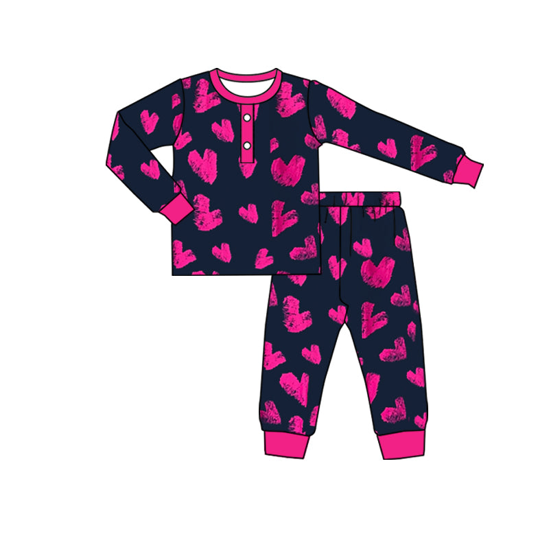 (Custom Design MOQ 5) Pink Heart Print Navy Girls Valentine's Pajamas Clothes Set