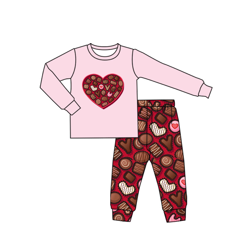 (Custom Design MOQ 5) Pink Heart Chocolate Print Girls Valentine's Pajamas Clothes Set