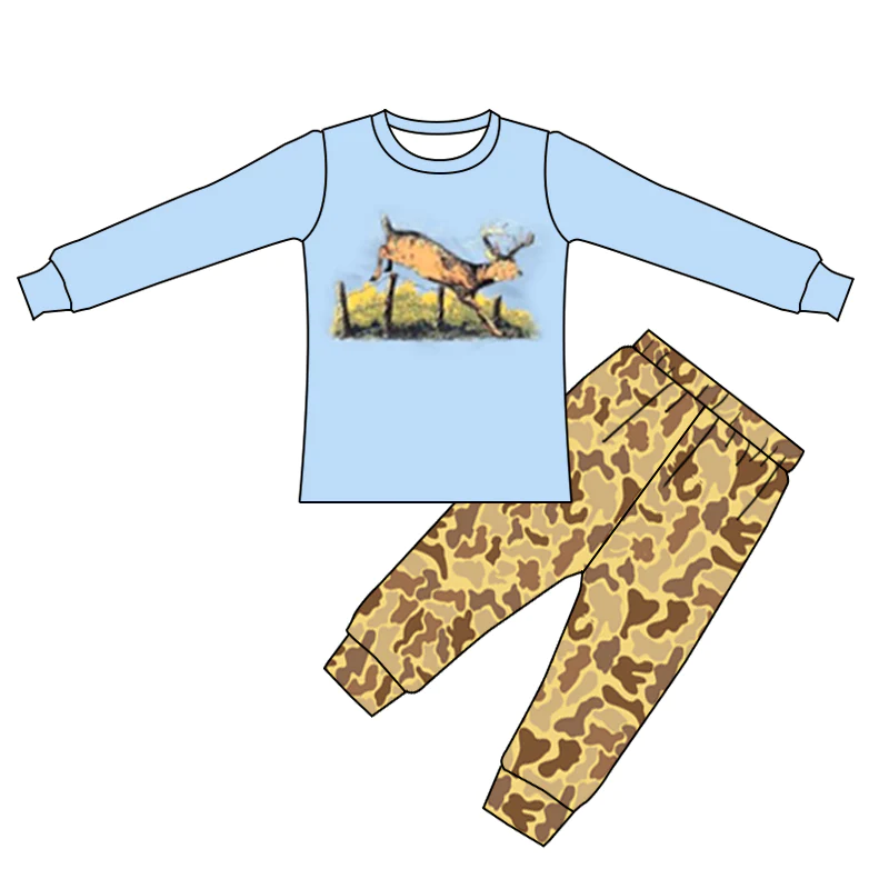 (Custom Design MOQ 5)Dear camo print boys clothes set