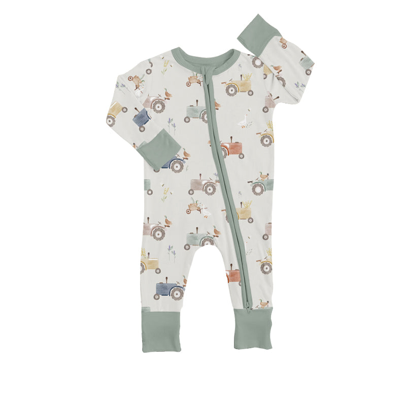 (Custom Design MOQ 5) Tractors Duck Print Baby Zipper Romper