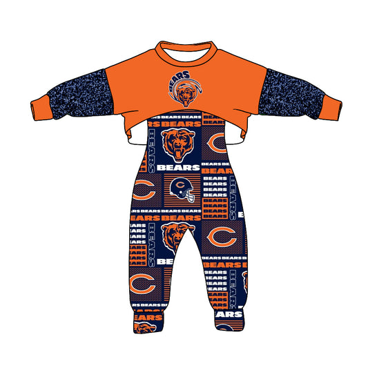 (Custom Design MOQ 5) Orange Football Team’s Print Girls Jumpsuit Clothes Set