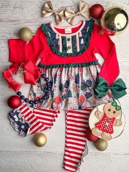 (Custom Design MOQ 5) Christmas Red Legging Pants Girls Clothes Set