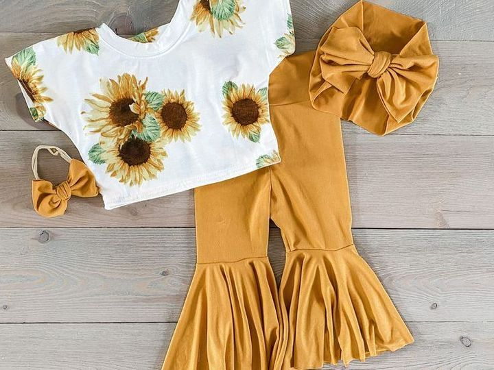 (Custom Design MOQ 5) Sunflowers Top Mustard Bell Pants Girls Clothes Set