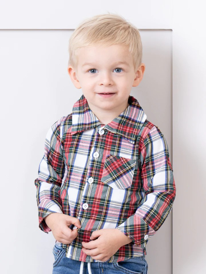 (Custom Design MOQ 5) Boys Button Christmas Plaid Tee Shirts Top