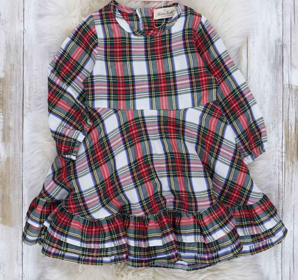 (Custom Design MOQ 5) Christmas Plaid Print Girls Knee Length Dress