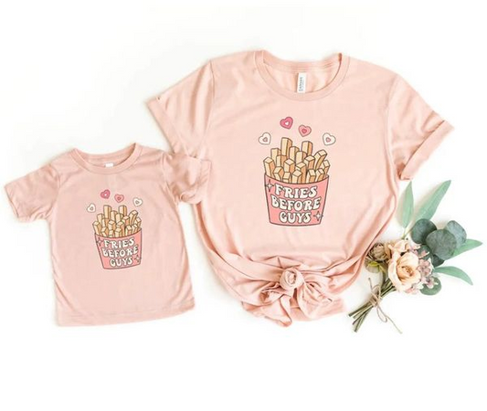 (Custom Design MOQ 5) Pink Fries Heart Print Girls Tee Shirts Top