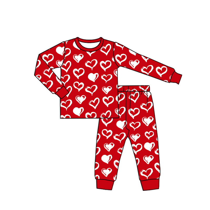 (Custom Design MOQ 5) Red Heart Print Girls Valentine's Pajamas Clothes Set