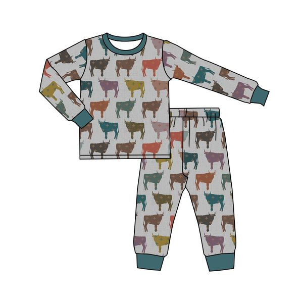 (Custom Design MOQ 5) Dark Green Cow Print Boys Pajamas Clothes Set