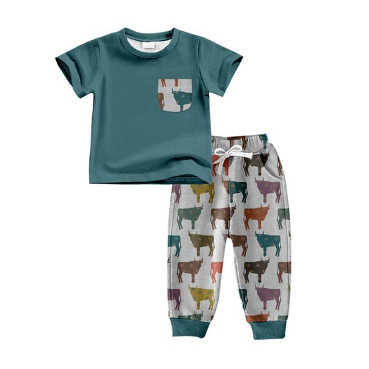 (Custom Design MOQ 5) Dark Green Top Cow Print Pants Boys Clothes Set