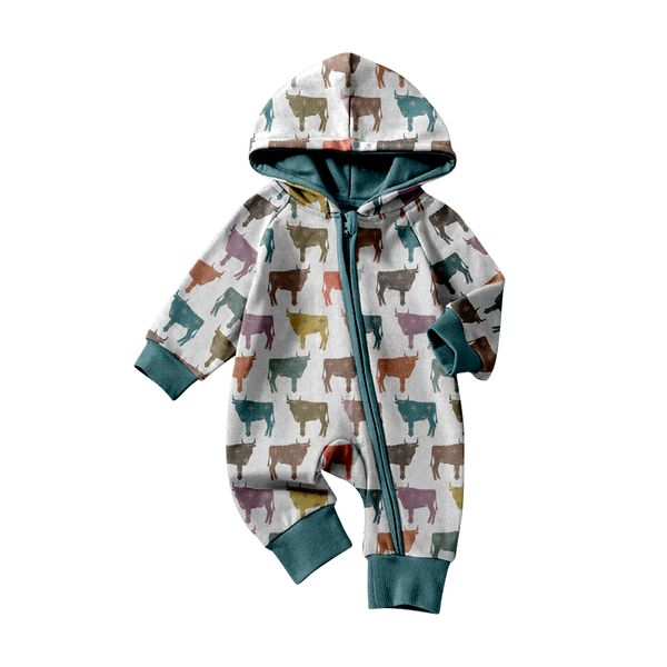 (Custom Design MOQ 5) Dark Green Cow Print Baby Boys Hoodie Romper