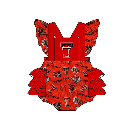 (Custom Design MOQ 5)Red Football Team's Print Baby Girls Bubble Romper